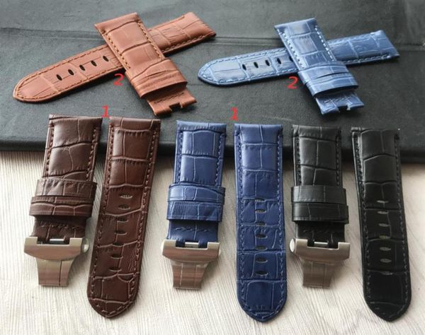 

24mm handmade black blue stitched genuine calf leather watch strap band for deployment buckle watchband strap for pam6235509, Black;brown