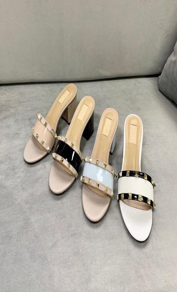 

2020 design leather luxury slippers slingback pumps ladies high heels woman shoes fashion heel beach woman rivet slippers siz3530825, Black