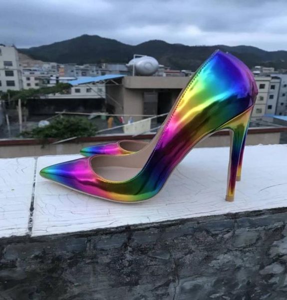 

new women pumps shoes high heels 8cm 10cm 12cm rainbow leather pointed toe bottom shoes size 3444 for party offi9545111, Black
