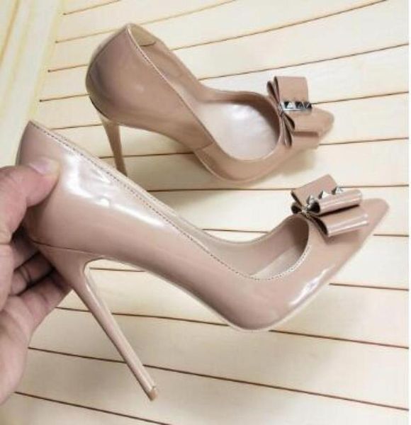 

fashion women pumps nude patent leather bow point toe high heels shoes stiletto heeled pumps real po brand new 127479002, Black