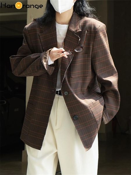 

pants hanorange 2022 spring autumn vintage plaid silhouette suit coat women loose fashion raw edges frayed casual jacket female, White