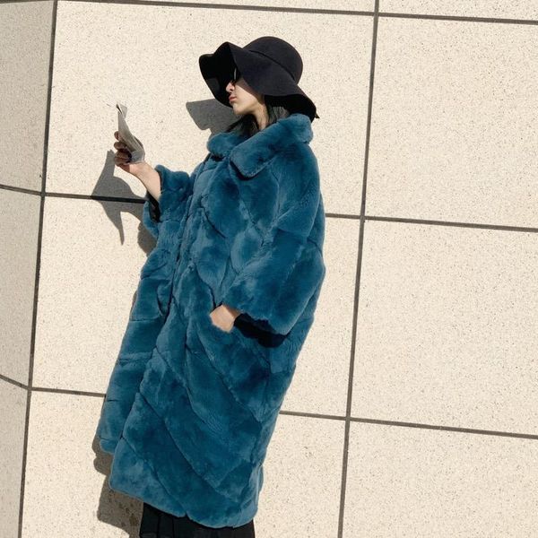 

fur 2021 new women real rex rabbit fur coats with lapel collar natural whole skin genuine loose bat rex rabbit fur long overcoat, Black