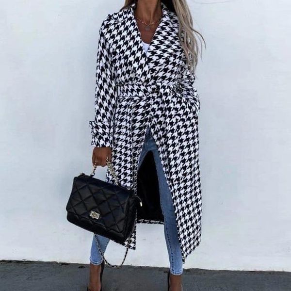 

fur retro long sleeve lady houndstooth outwear winter lapel new casual loose coat autumn fashion belted overcoat jacket streetwear, Black