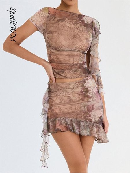 

two piece dress printed ruffle mini skirts 2 set 2023 summer see through crop and skirt ladies club party outfits 230419, White