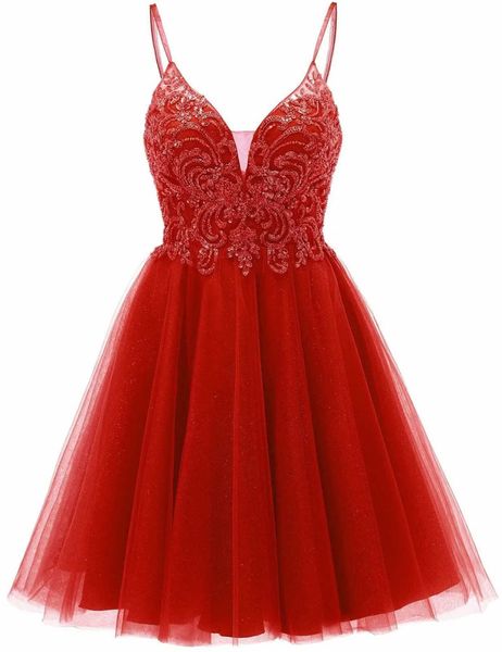 

short homecoming dresses deep v-neck appliques sequins spaghetti party gowns a-line lace-up tulle princess birthday mini prom graudation coc, Blue;pink