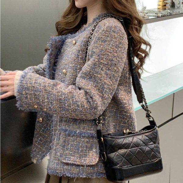 

fur tweed plaid autumn winter clothes women round neck long sleeve tassel patchwork jackets women chic exquisite buttons coats, Black