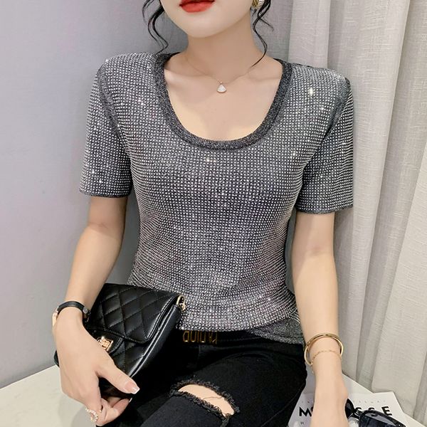 

women's t-shirt summer european clothes t-shirt chic shiny all diamonds women short sleeve bling hand make tees 230419, White