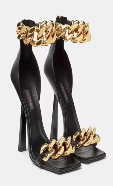

rimocy metal chain high heels sandals women summer thin heel ankle strap party shoes woman fashion square toe pumps mujer6179796, Black