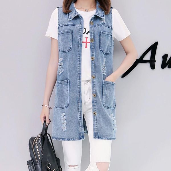 

vests women's denim vests 2019 spring summer ripped long hole jeans waistcoat femme fahion sleeveless casual jacket outerwear r776, Black;white