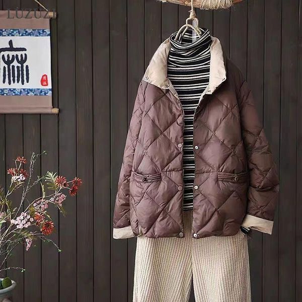 

parkas luzuzi autumn winter vintage feminine coat casual loose white duck down jacket standup collar button down parkas female jacket, Black