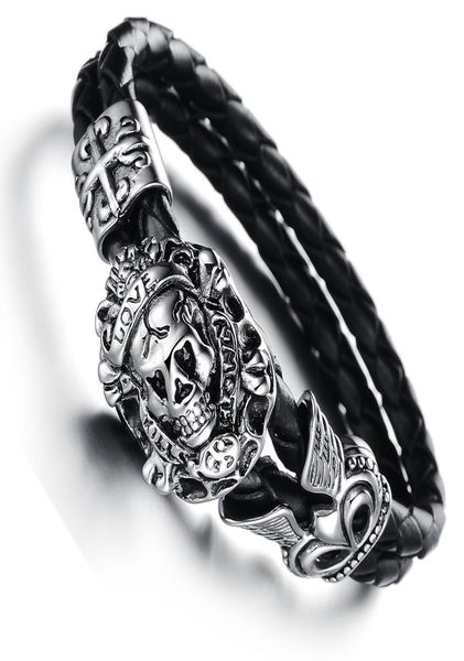 

european fashion punk skull night club stainless steel genuine cowhide leather bracelet wristband men jewellery present gift8972186, Golden;silver