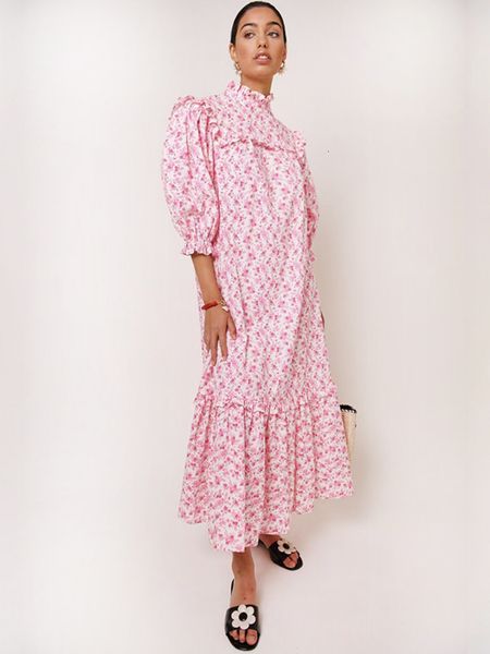 

casual dresses women dress springsummer pink floral puff sleeve loose casual ladies long dress 230420, Black;gray