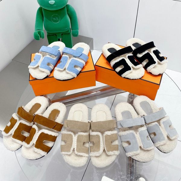 

furry slide fur slipper designer sandal women summer brand wool shoes classic beach casual sandals womens thick heel slippers lands end genu, Black