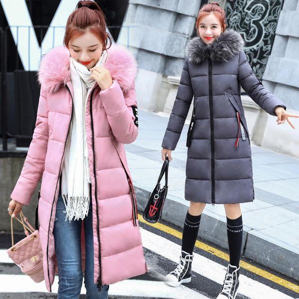 

leather winter coats female jackets 2022 fur collar warm cotton zipper solid parkas women clothes long casual coats ladies jacket, Black