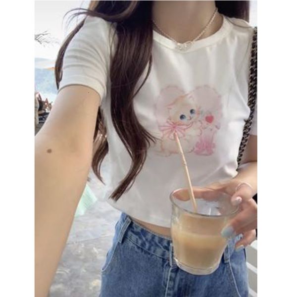 

women s t shirt sweet and cute kawaii cat print fairy casual street clothing short sleeves cropped navel size tee 230420, White