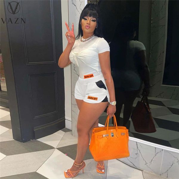 

women's two piece pants vazn solid summer bandage o-neck short sleeve elegant street clothing suits 2 piece set women and pant 230419, White