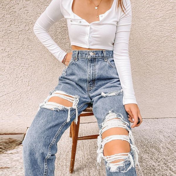 

jeans fashion ripped high waist jeans for women vintage elastic baggy denim trousers streetwear hole hip hop pockets jeans pants d5, Blue