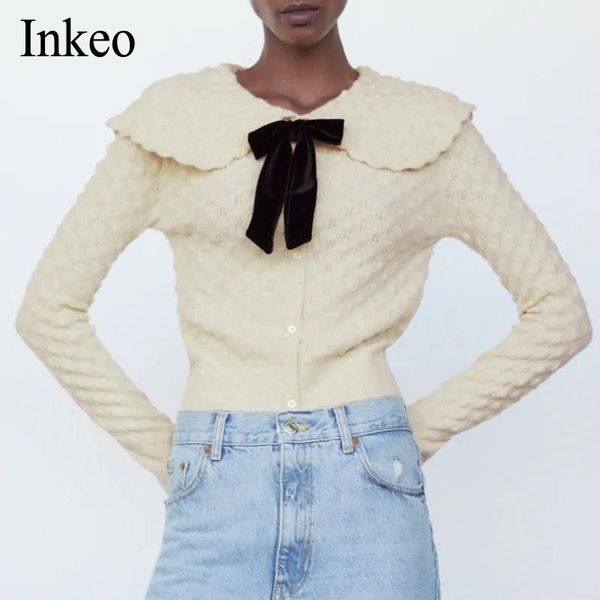 

sweaters fashion doll collar women cardigan with bow tie women 2020 autumn winter long sleeve female slim short sweater inkeo 9o045, White;black