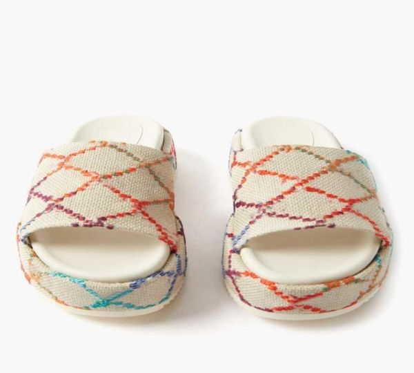 

2022 new color womens platform sandals mid heel slippers fashion 55mm canvas slides with box and dust bags8098431, Black
