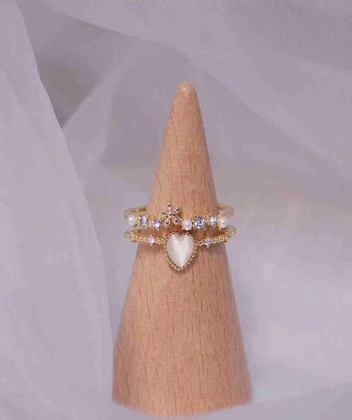 

delicate cat eye zircon heart shape double for women flower pearl solitaire ring bague daily date party jewelry accessories1734702, Golden;silver