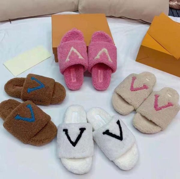 

womens designer winter indoor plush slippers wool luxury class thermal shoes slippers flip box novelty cotton fabric8630167, Black