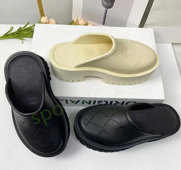 

with box women men designer slippers luxury flower slides embossed interlocking platform rubber mules perforated logo slipon sand8003823, Black