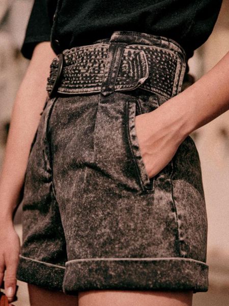 

jeans women jeans 2022 summer new solid color pocket belt washed pleated women casual denim shorts pants, Blue