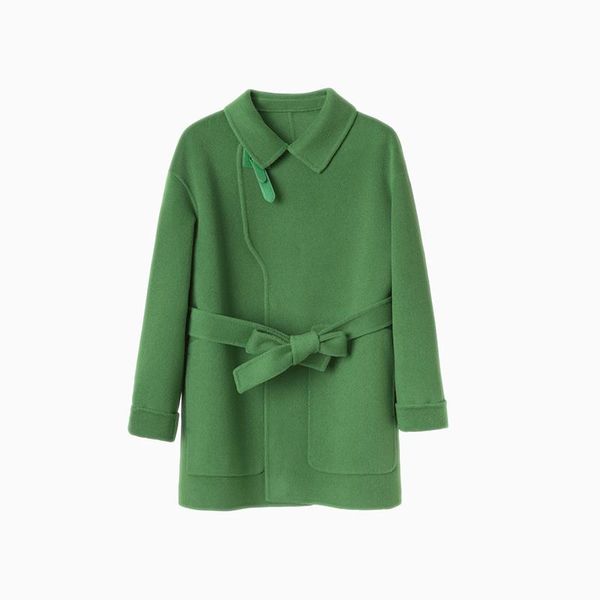 

fur women's overcoat with leather buttons cashmere and wool, Black