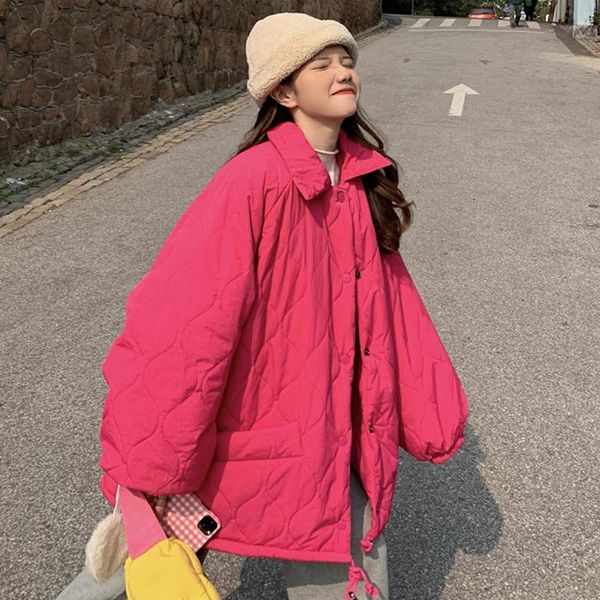 

leather korean fashion red winter clothes warm down jacket lazy wind baggy straight coat harajuku casual puffer comfortable outwear top, Black