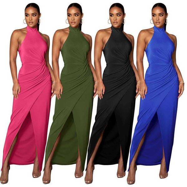 

weimei zitong fashion casual dresses womens wear pure color halter long dress, Black;gray