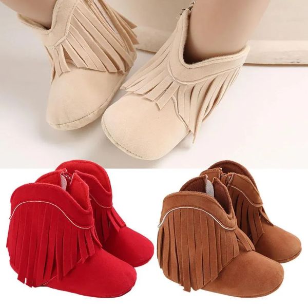 

athletic shoes born comfortable stylish multi -occasional girl boy tassel non -slip warm prewalker toddler snow ankle boots, Black