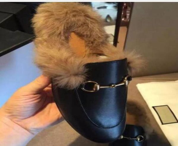 

2019with rose genuine leather loafers fur muller slipper with buckle fashion women princetown men casual fur mules flats new 4283686, Black