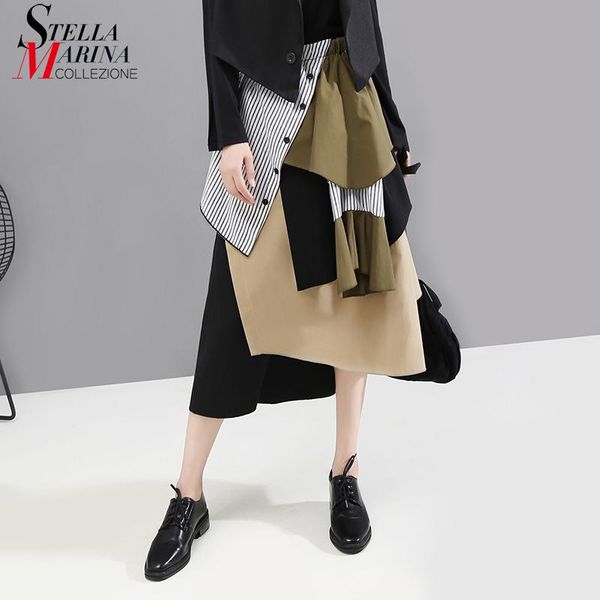 

dresses new korean style woman summer patchwork asymmetrical skirt elastic waist ruffles layers irregular design casual skirt style 5401, White;black