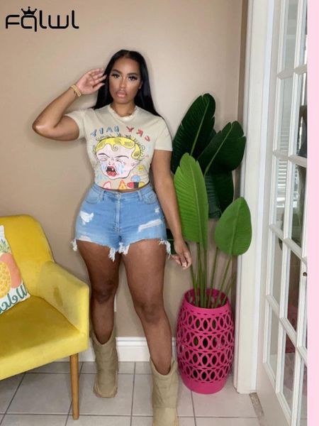 

women s t shirt fqlwl fall streetwear outfits clothing for women o neck short sleeve crop apricot graphics print tee shirts female 230420, White