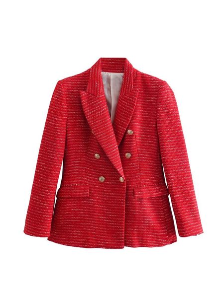 

pants 2022 fashion red tweed double breasted women blazer jacket long sleeve solid color casual office lady button up chic outerwear, White