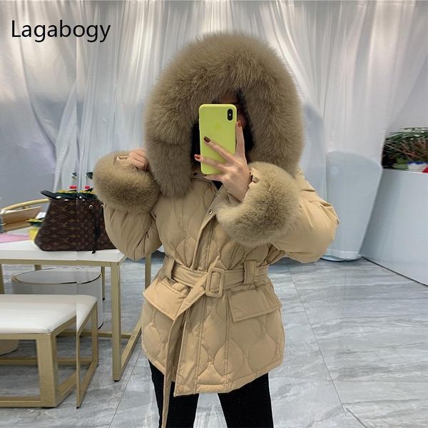 

parkas lagabogy 2022 winter women real fox fur 90% white duck down coat female thick hooded puffer jacket with natural fox cuffs parkas, Black
