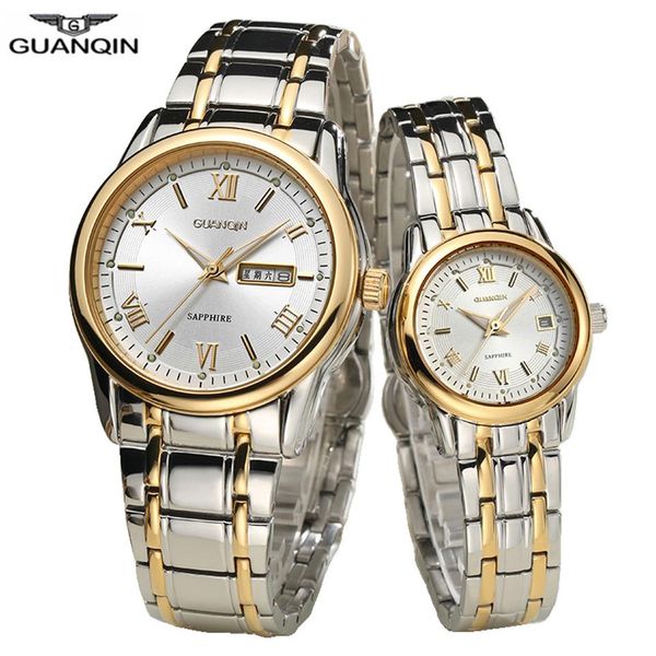

guanqin business couple watch set luxury stainless steel men women lovers wrist watch quartz watch women clock man311s, Slivery;brown