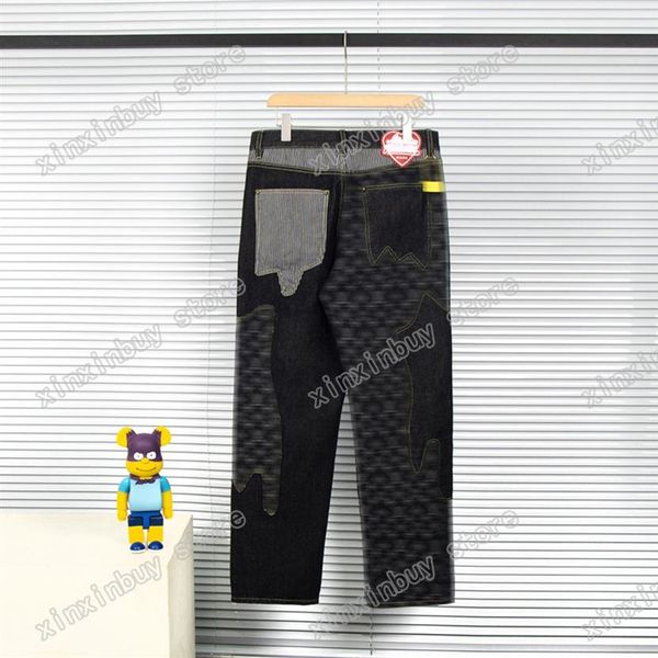 

xinxinbuy men designer coat denim sets panelled pocket stripe letters jacquard webbing jogging paris cotton women black m-2xl284i, Black;brown