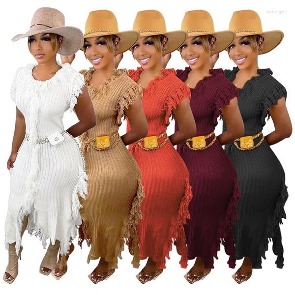 

casual dresses women tassel solid knitted midi dress o neck sleeveless skinny front split bodycon nightclub streetwear, Black;gray