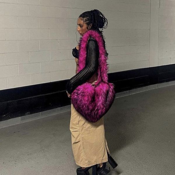 

evening bags faux fur winter women handbags cute plush ladies heart shaped shoulder bag cute female clutch purse love handbags messenger bag