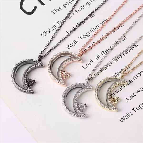 

star moon floating locket pendant necklace crystal gold chain openable open living memory necklaces diy fashion jewelry for women, Silver