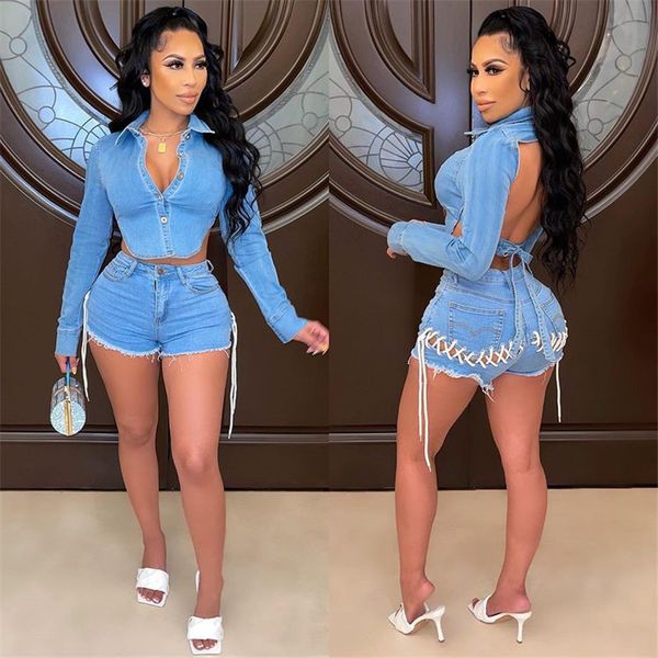 

women's two piece pants denim two piece short set for women irregular backless jacket and lace-up shorts sets club wear party jeans out, White