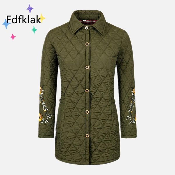 

leather fdfklak 2021 autumn winter new women's midlength large size plaid quilted embroidery standup collar longsleeved cotton jacket, Black