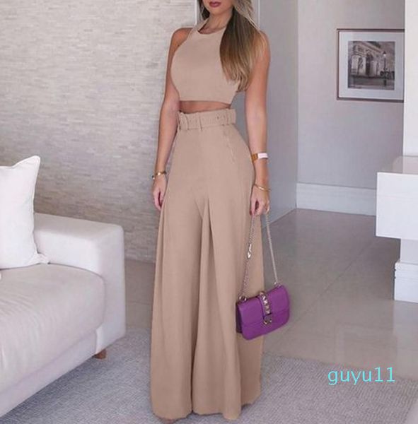 

fashion-women's two piece pants women suits no belt sleeveless halter cropped sashes wide leg high waist straight female sets summer s, White