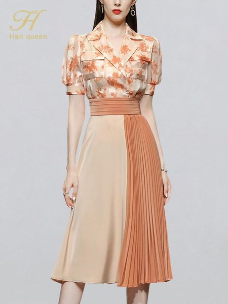 

pants h han queen new work 2 pieces set women printed shirt color matching aline pleated vestidos korean vintage summer skirt suit, White