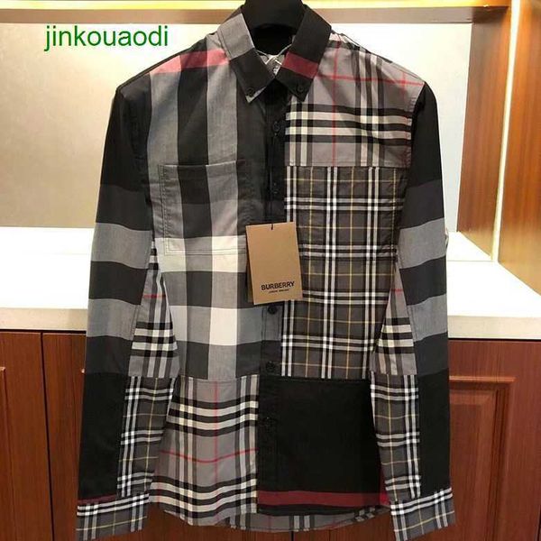 

burbersys plaid patchwork shirt men's long-sleeved high grade matching light luxury style pattern, White;black