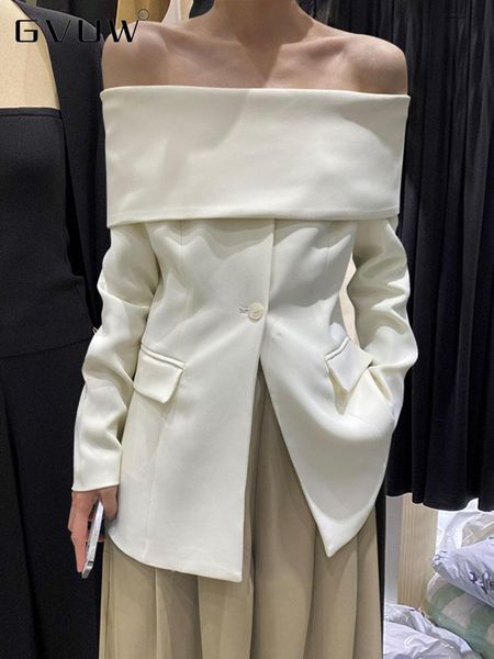 

pants gvuw black off the shoulder design midi blazer women long sleeve suit jackets 2022 antumn new fashion tide clothes 20a3321, White