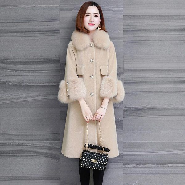 

fur women winter long genuine fur sheepskin coats ladies real fur collar wool outwear female thick warm sheep shearing jacket e674, Black