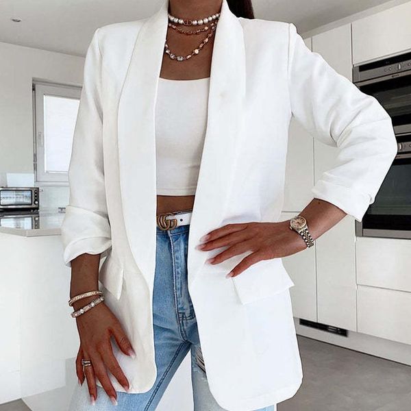 

pants elegant turndown collar simple jacket women spring solid slim office lady outerwear coat autumn long sleeve streetwear cardigan, White