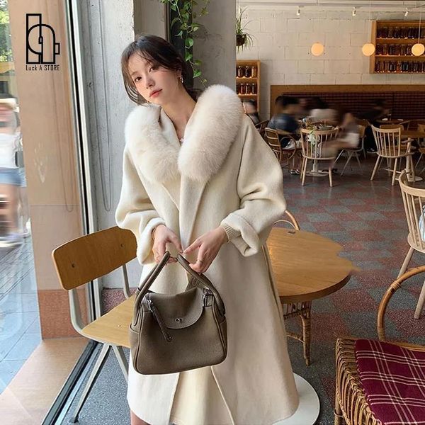 

fur 2021 fur collar elegant solid long woolen coats female sashe thick warm korean fashion outerwears lady vintage, Black